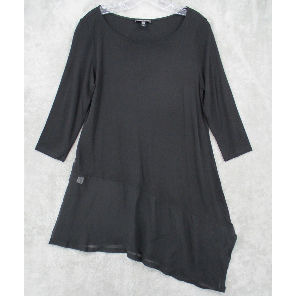 Eileen‎ Fisher Blouse Small Silk Asymmetric Hem Chiffon Sheer Trim Capsule Black